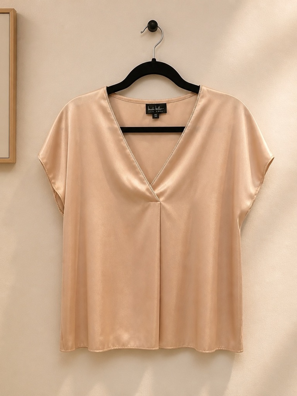 Nicole Miller Satin V-Neck Short Sleeve Blouse in Champagne Beige